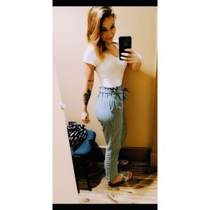 Grey Bow Striped Pants